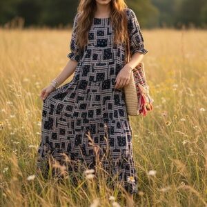 Natural Life Collette Boho Tiered Navy Floral Maxi Dress SIZE XS